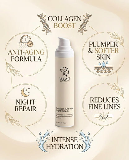 Velvet Skincare collagen boost night cream with product features on a beige background