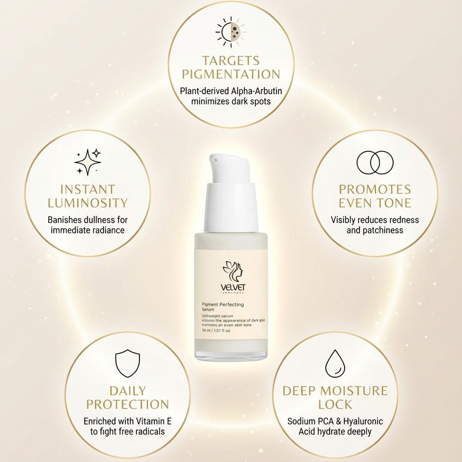 Skincare serum bottle with text highlighting its benefits on a beige background