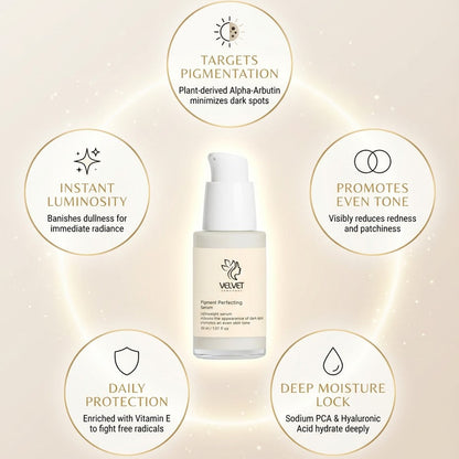 Skincare serum bottle with text highlighting its benefits on a beige background