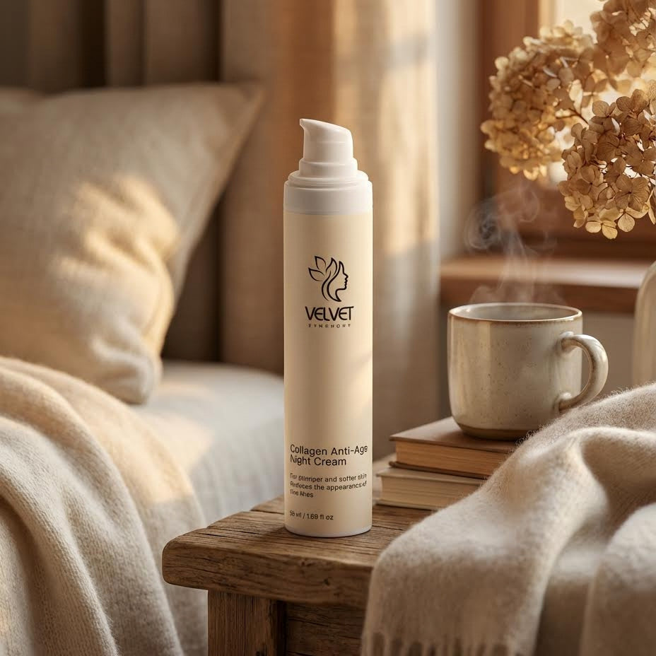Velvet skincare bottle on a wooden table with a cup of coffee and decorative elements in a cozy room.