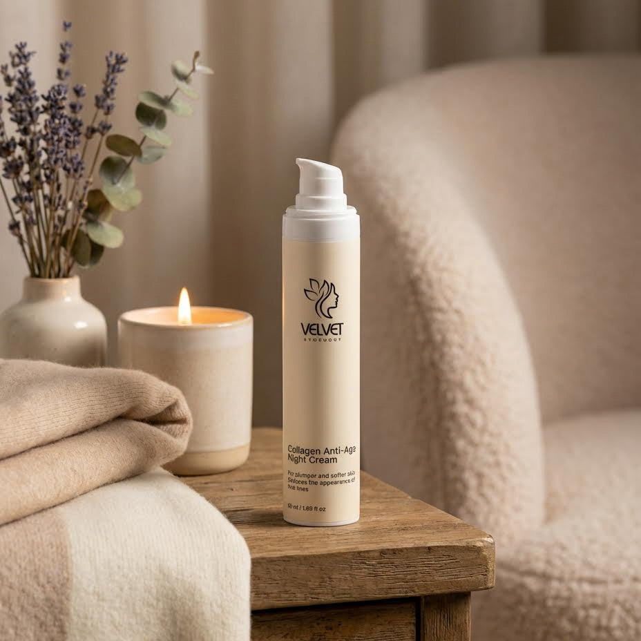 Velvet skincare bottle on a wooden table with a candle and flowers in the background
