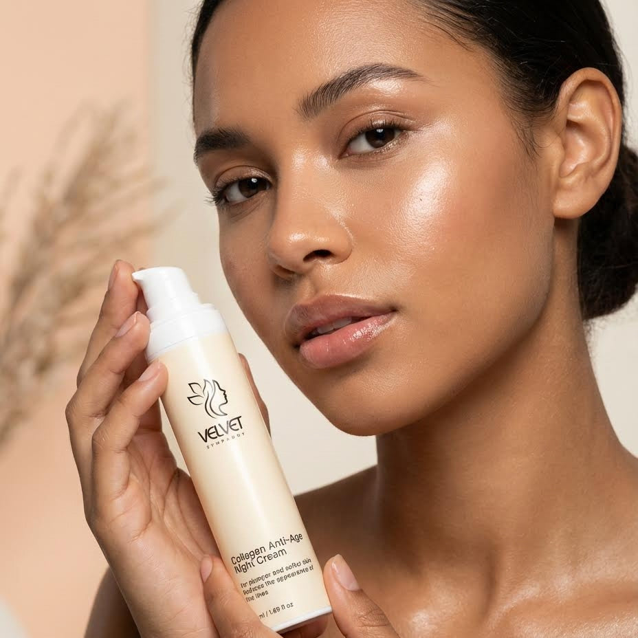 Woman holding a bottle of Velvet Skin cream against a neutral background
