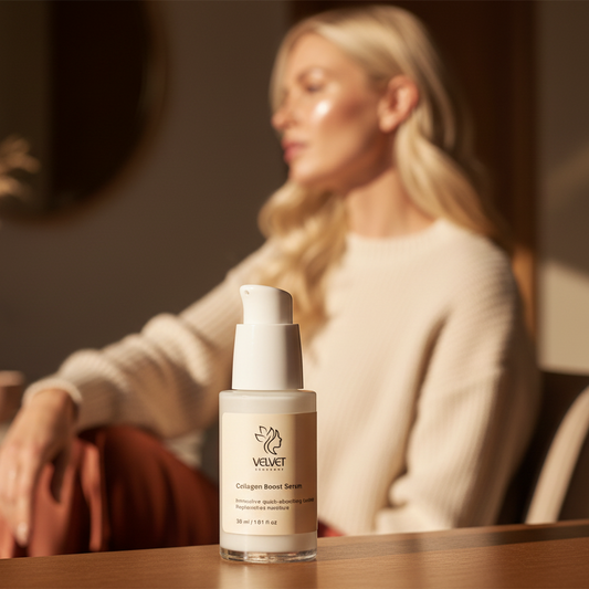 Woman sitting at a table with a skincare bottle in front of her