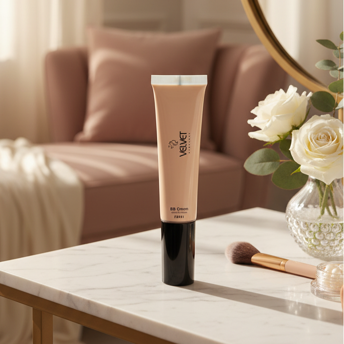 Cosmetic tube on a table with a mirror and flowers in the background