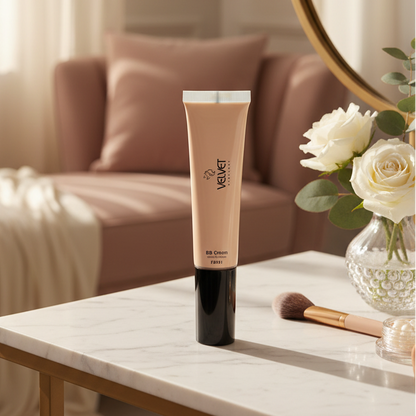 Cosmetic tube on a table with a mirror and flowers in the background
