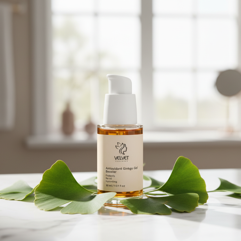 Skincare serum bottle with ginkgo leaves on a marble surface