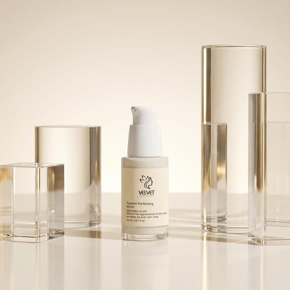Skincare bottle with a gold cap on a reflective surface with a neutral background