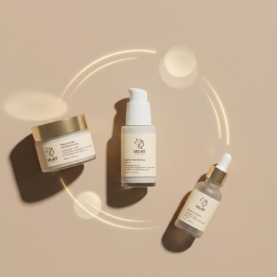 Three skincare products on a beige background with a glowing circular effect.