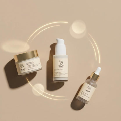 Three skincare products on a beige background with a glowing circular effect.