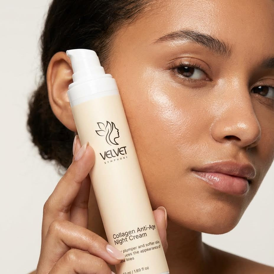 Woman holding a bottle of Velvet Skin Collagen Anti-Aging Night Cream against her face.