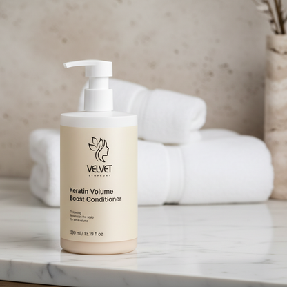 Bottle of Velvet Volume Boost Conditioner on a bathroom counter with towels in the background